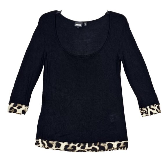 Just Cavalli Tops - Just Cavalli Large Black Jersey Animal Printed Trim Scoop Neck Shirt Long Sleeve
